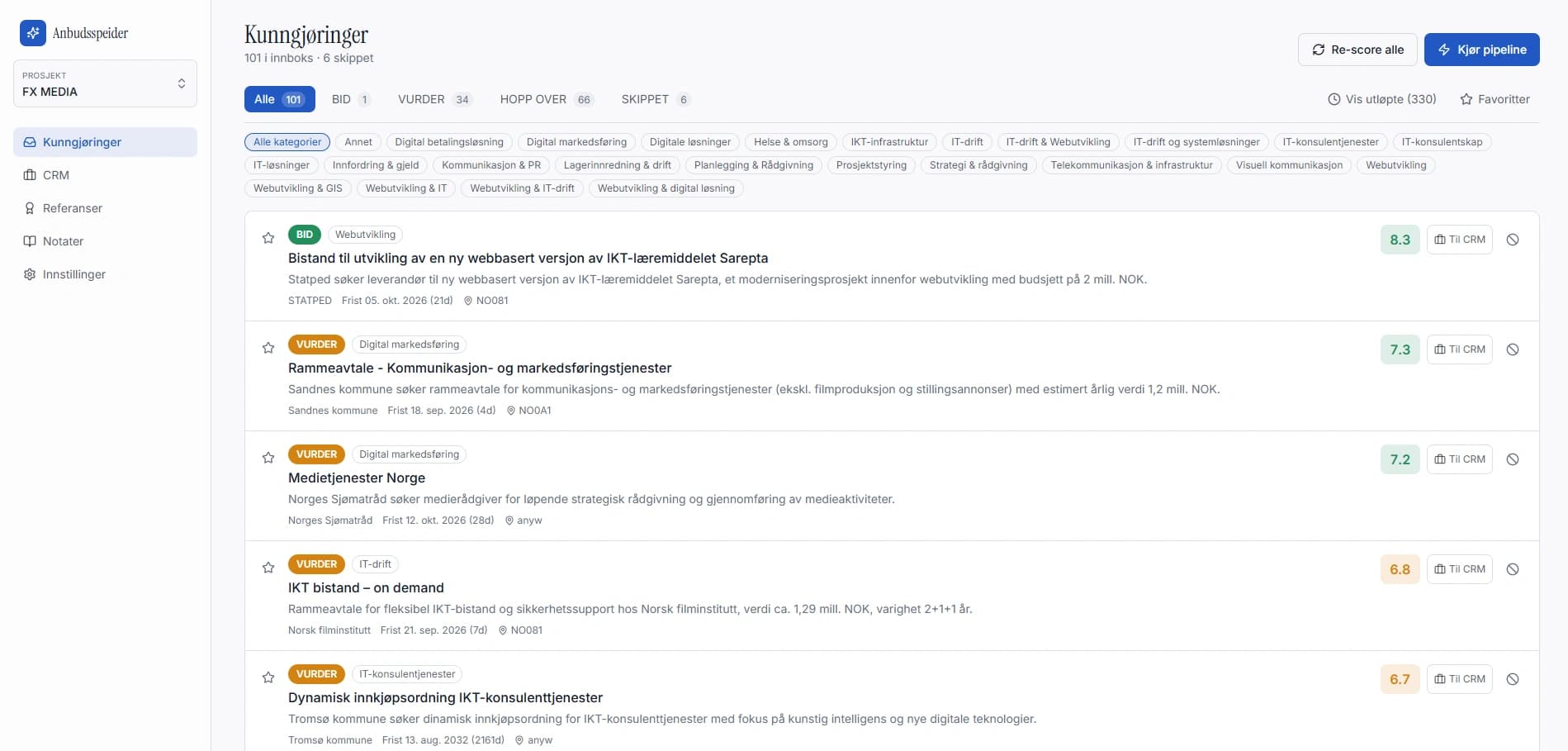 Anbudlys innboks med offentlige anbud, KI-score, kategorifiltre, frister og knappen Til CRM